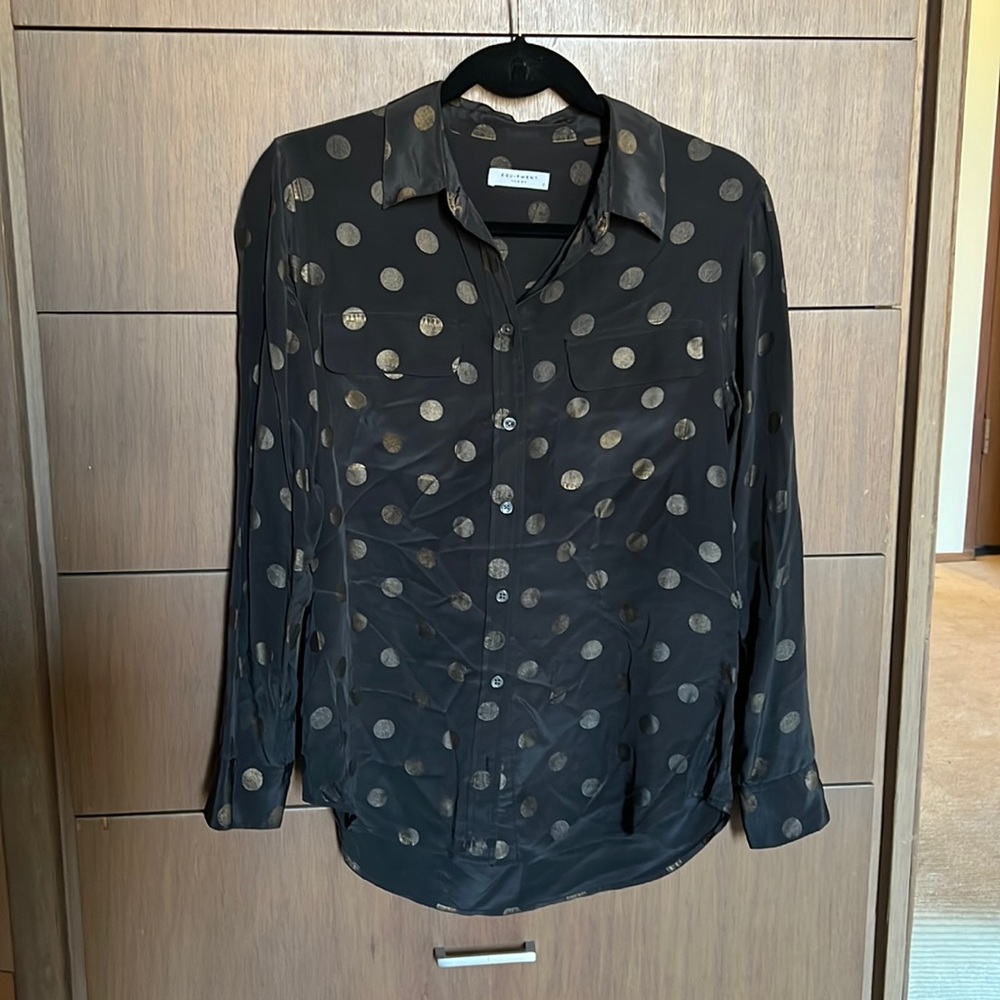 Equipment Dark Olive Green Silk Blouse with Gold Polka Dots